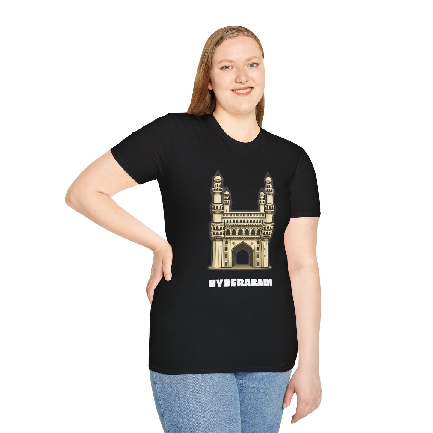 woman wearing a black shirt that says Hyderabadi with a graphic of Charminar